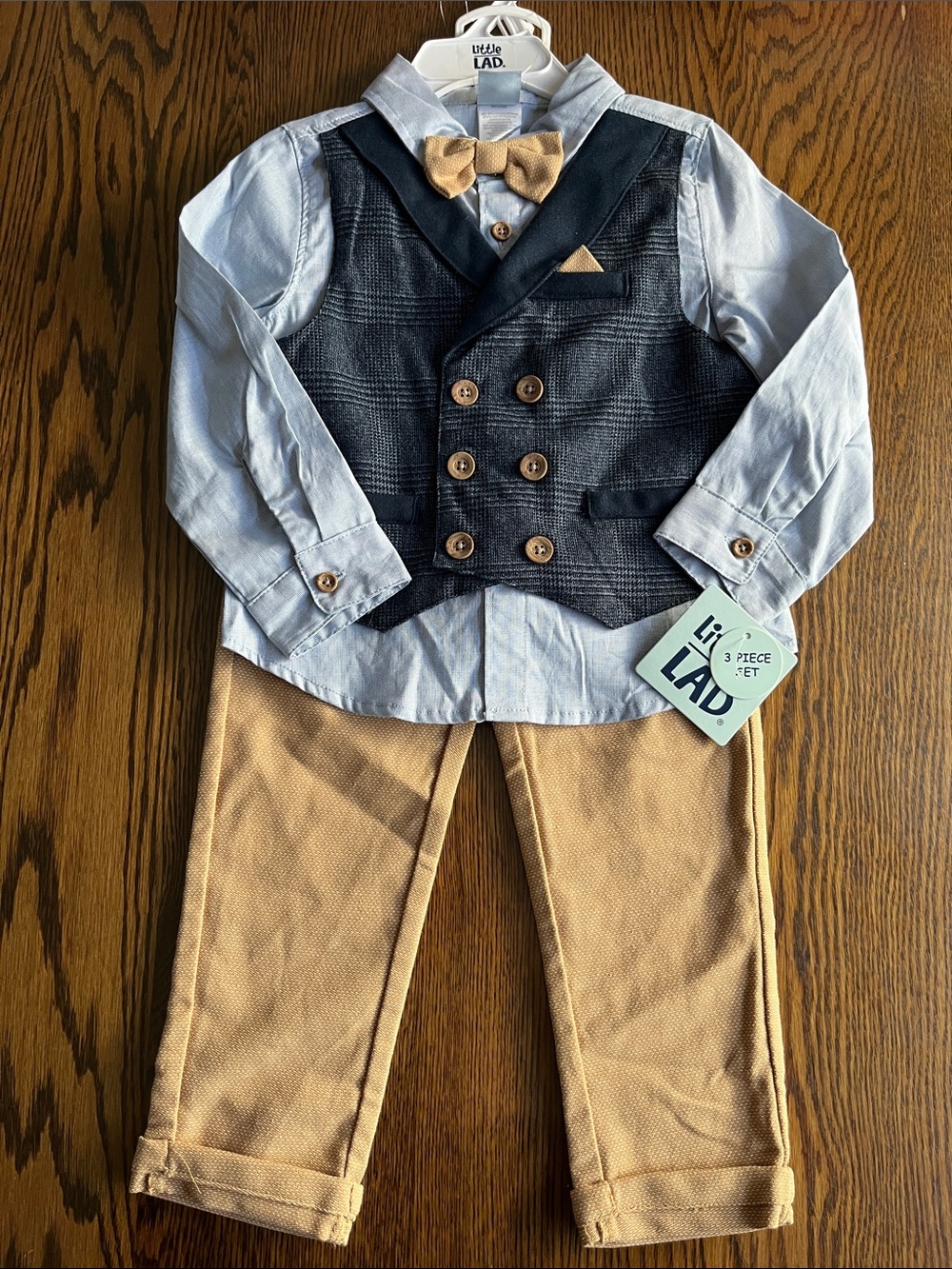 LIL' LAD Boys Tan & Navy 3-Piece Dressy Matching Set with Vest and Bow Tie